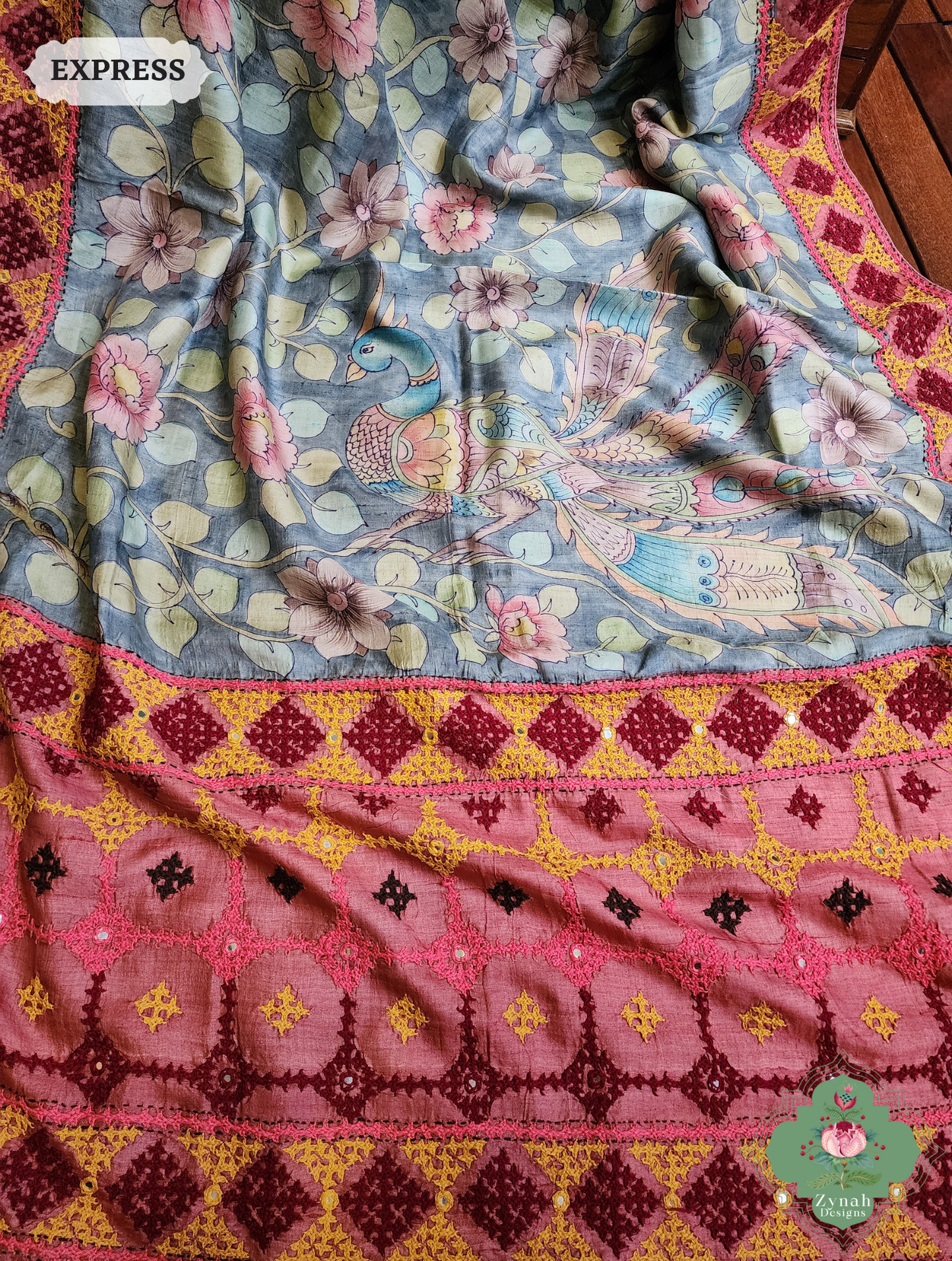 Zynah Grey Hand-Painted Tussar Silk Kalamkari Saree With Kutch Hand Embroidery; Custom Stitched/Ready-made Blouse, Fall, Petticoat; SKU: 2805202502