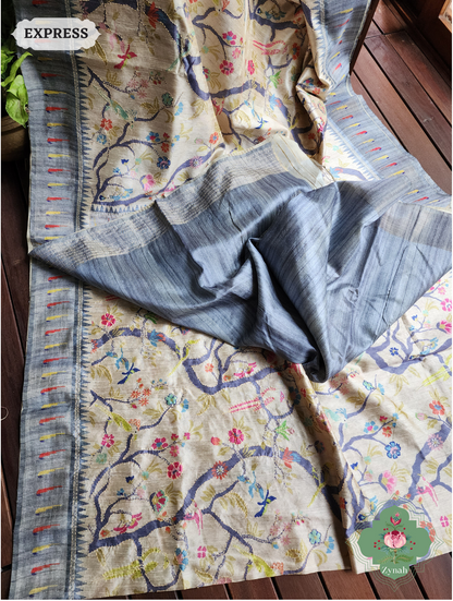 Zynah Beige & Grey Jute Linen Saree With Kantha Work; Custom Stitched/Ready-made Blouse, Fall, Petticoat; SKU: 2207202301