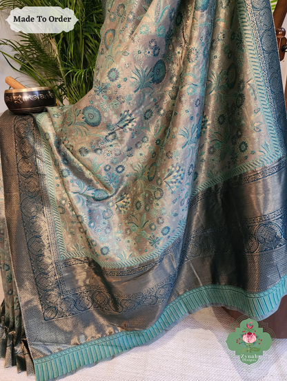 Zynah Dhundh – Grey Handwoven Kashmiri Pure Kani Tissue Silk Jamavar Saree