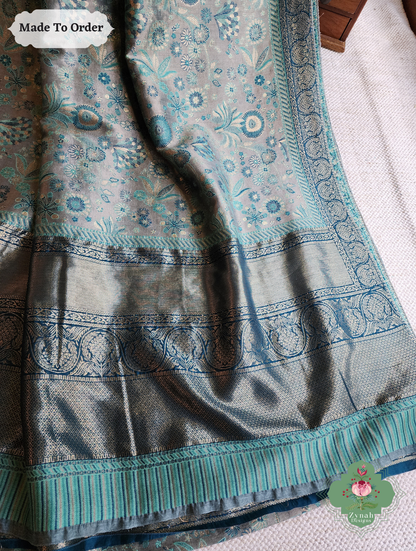 Zynah Dhundh – Grey Handwoven Kashmiri Pure Kani Tissue Silk Jamavar Saree
