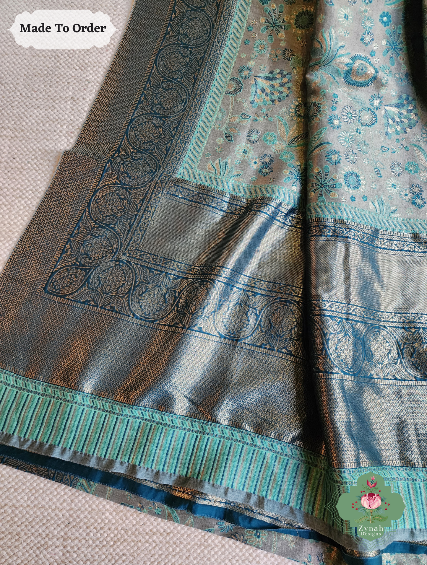 Zynah Dhundh – Grey Handwoven Kashmiri Pure Kani Tissue Silk Jamavar Saree