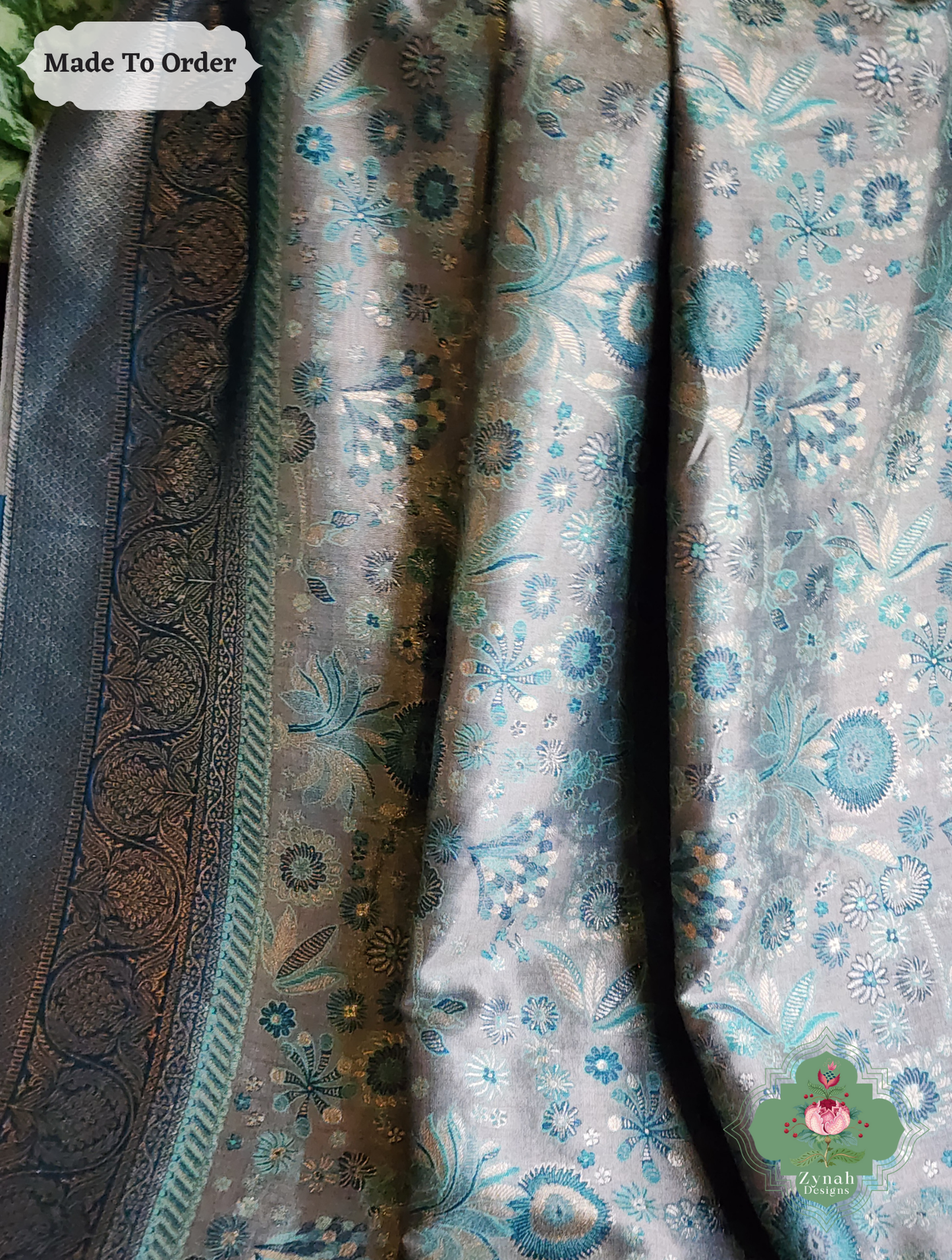 Zynah Dhundh – Grey Handwoven Kashmiri Pure Kani Tissue Silk Jamavar Saree