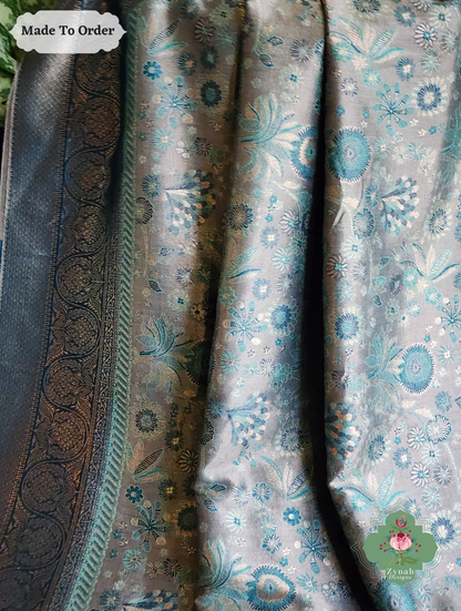 Zynah Dhundh – Grey Handwoven Kashmiri Pure Kani Tissue Silk Jamavar Saree