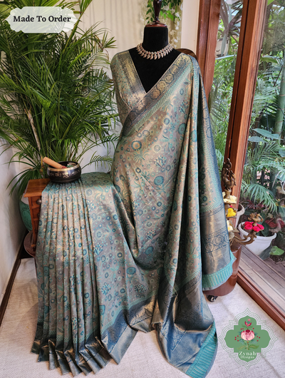 Zynah Made To Order Grey Handwoven Kashmiri Pure Kani Tissue Silk Jamavar Saree; Custom Stitched/Ready-made Blouse, Fall, Petticoat; SKU: 0110202507