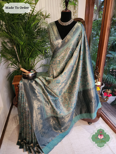 Zynah Made To Order Grey Handwoven Kashmiri Pure Kani Tissue Silk Jamavar Saree; Custom Stitched/Ready-made Blouse, Fall, Petticoat; SKU: 0110202507