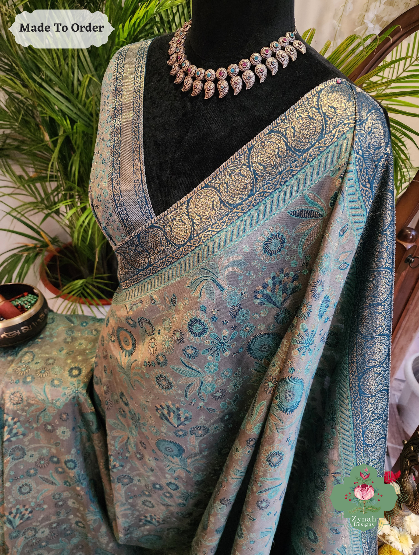 Zynah Dhundh – Grey Handwoven Kashmiri Pure Kani Tissue Silk Jamavar Saree