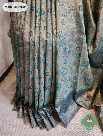 Zynah Dhundh – Grey Handwoven Kashmiri Pure Kani Tissue Silk Jamavar Saree