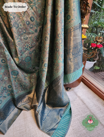 Zynah Dhundh – Grey Handwoven Kashmiri Pure Kani Tissue Silk Jamavar Saree