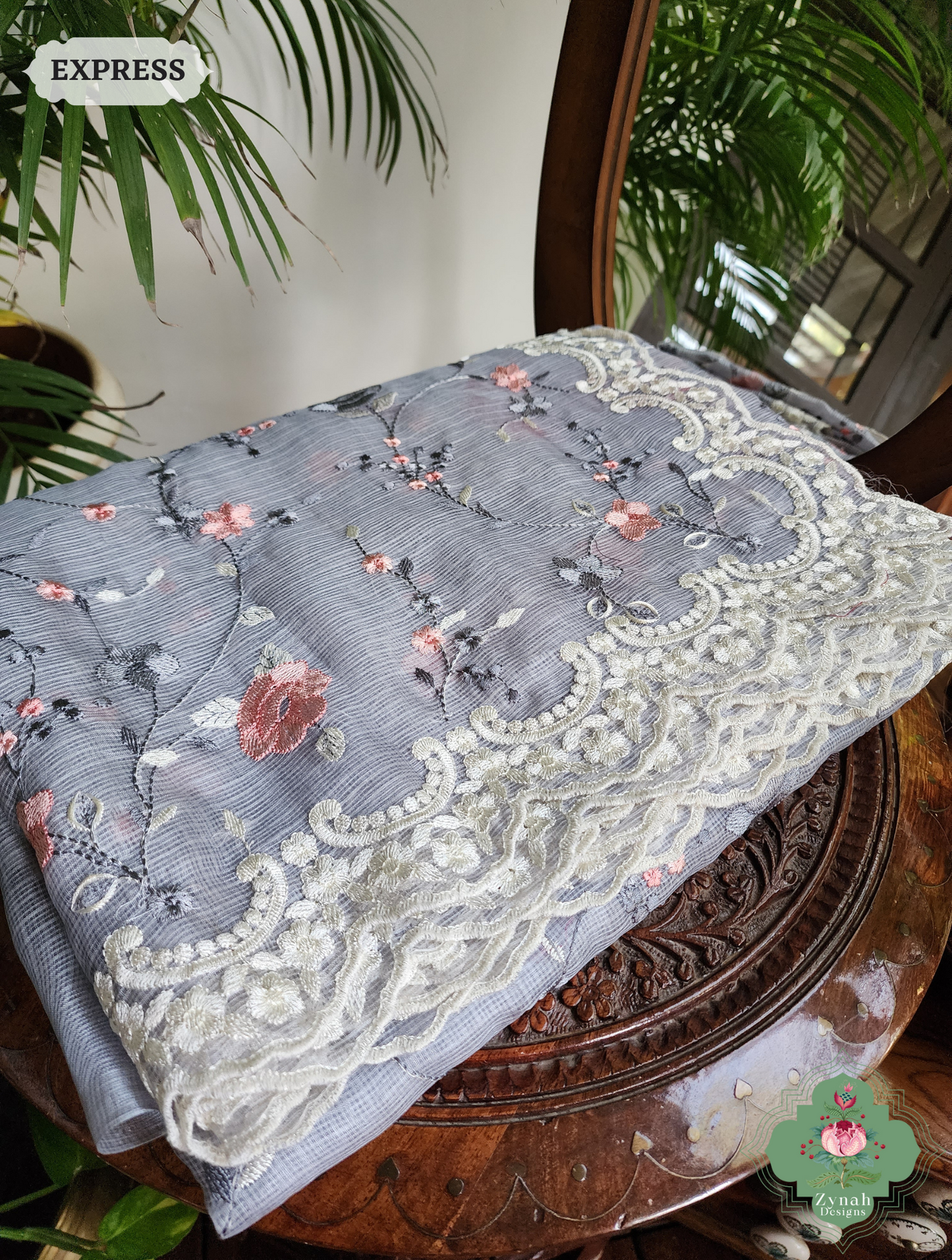 Zynah Grey Kota Tussar Silk Saree With Jaal Embroidery and Scalloped Border; Custom Stitched/Ready-made Blouse, Fall, Petticoat; SKU: 2409202402
