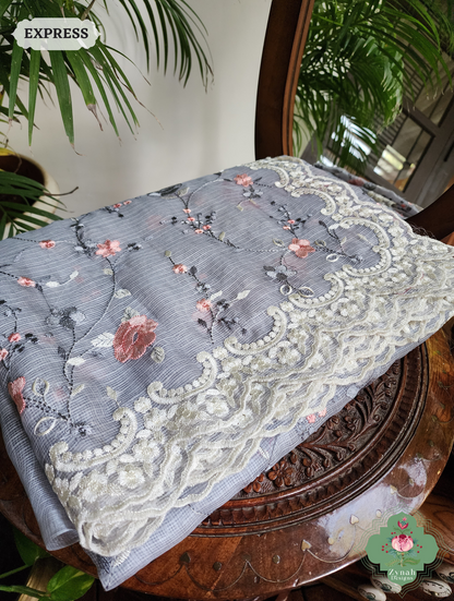 Zynah Grey Kota Tussar Silk Saree With Jaal Embroidery and Scalloped Border; Custom Stitched/Ready-made Blouse, Fall, Petticoat; SKU: 2409202402