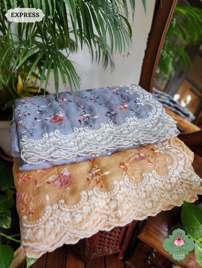 Zynah Grey Kota Tussar Silk Saree With Jaal Embroidery and Scalloped Border; Custom Stitched/Ready-made Blouse, Fall, Petticoat; SKU: 2409202402