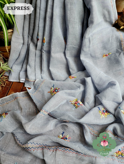 Zynah Grey Linen Saree With Frenchknot Embroidery; Custom Stitched/Ready-made Blouse, Fall, Petticoat; SKU: 2504202303