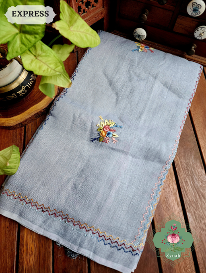 Zynah Grey Organic Linen Saree With Frenchknot Embroidery; Custom Stitched/Ready-made Blouse, Fall, Petticoat; SKU: 2504202303