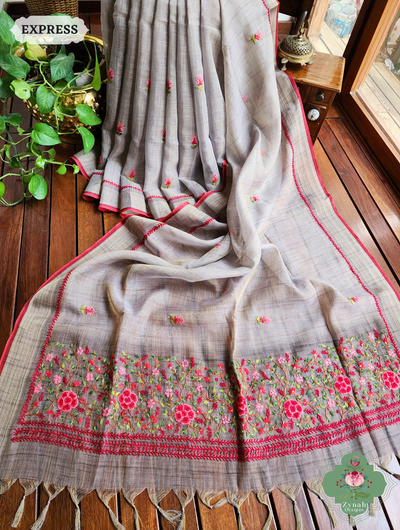 Grey Linen Tissue Saree With Frenchknot Hand Embroidery 1