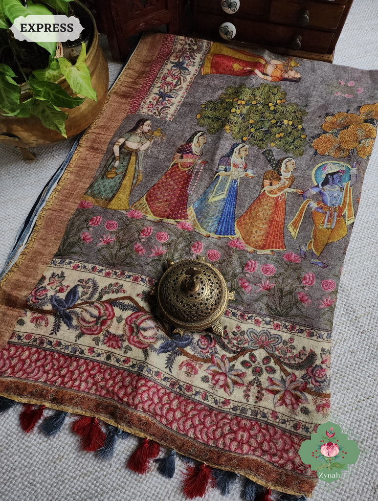 Grey Organic Linen Saree With Pichwai Print 12