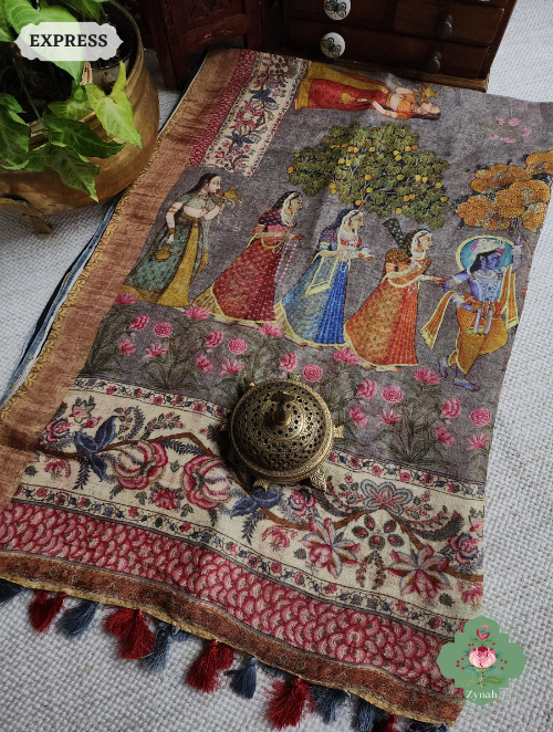 Zynah Grey Organic Linen Saree With Pichwai Print; Custom Stitched/Ready-made Blouse, Fall, Petticoat; SKU: 2911202304