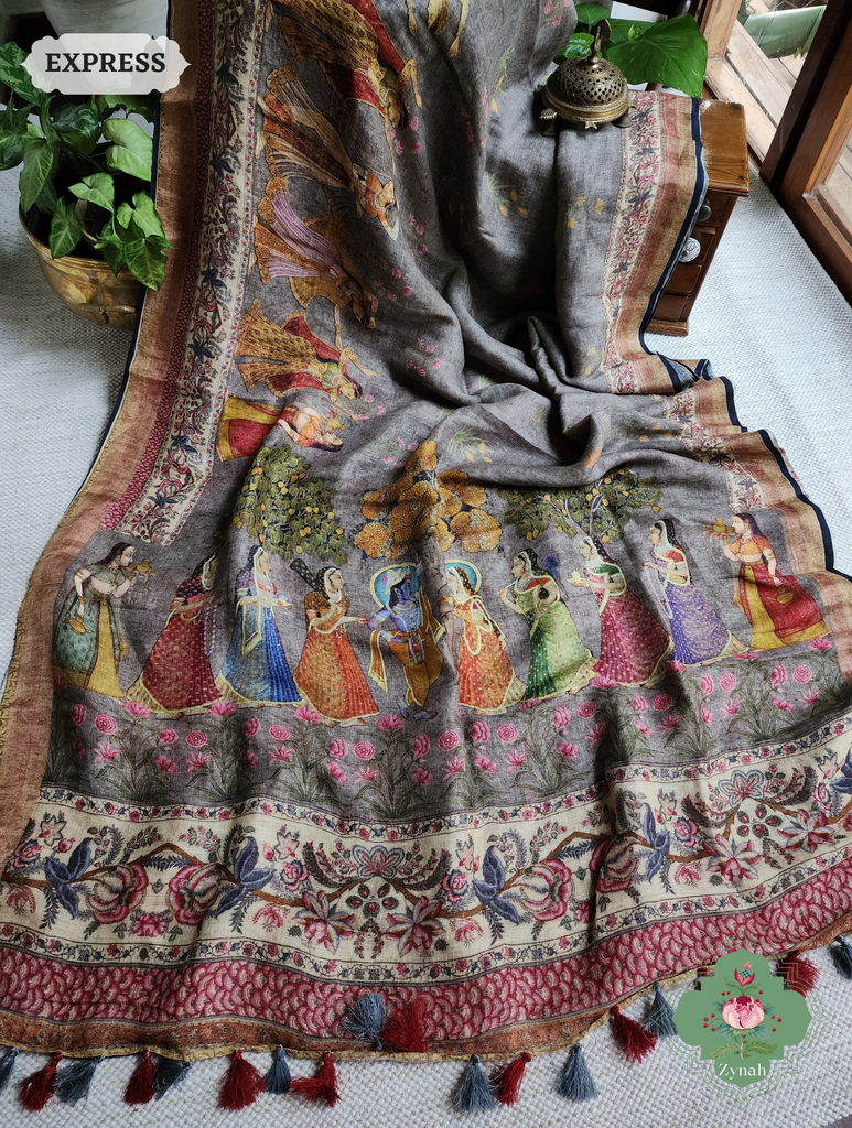 Grey Organic Linen Saree With Pichwai Print 3