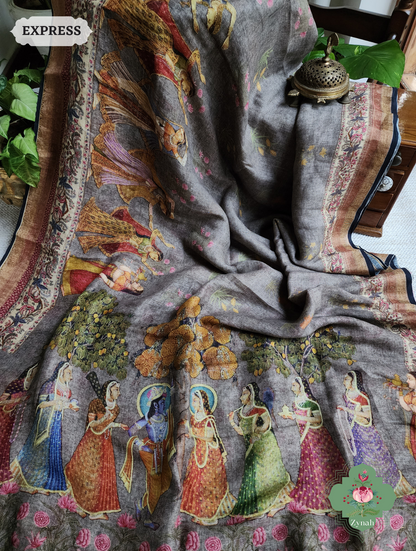 Grey Organic Linen Saree With Pichwai Print 4