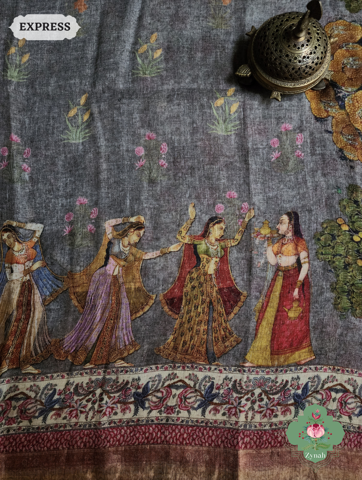 Grey Organic Linen Saree With Pichwai Print 7