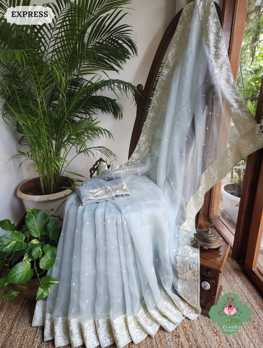 Zynah Made To Order Grey Organza Silk Hand Embroidered Parsi Gara Saree With Floral Embroidery Border; Custom Stitched/Ready-made Blouse, Fall, Petticoat; SKU: 0912202402