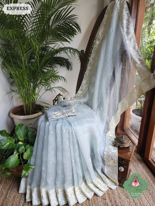 Zynah Grey Organza Silk Hand Embroidered Parsi Gara Saree With Floral Embroidery Border; Custom Stitched/Ready-made Blouse, Fall, Petticoat; SKU: 0912202402