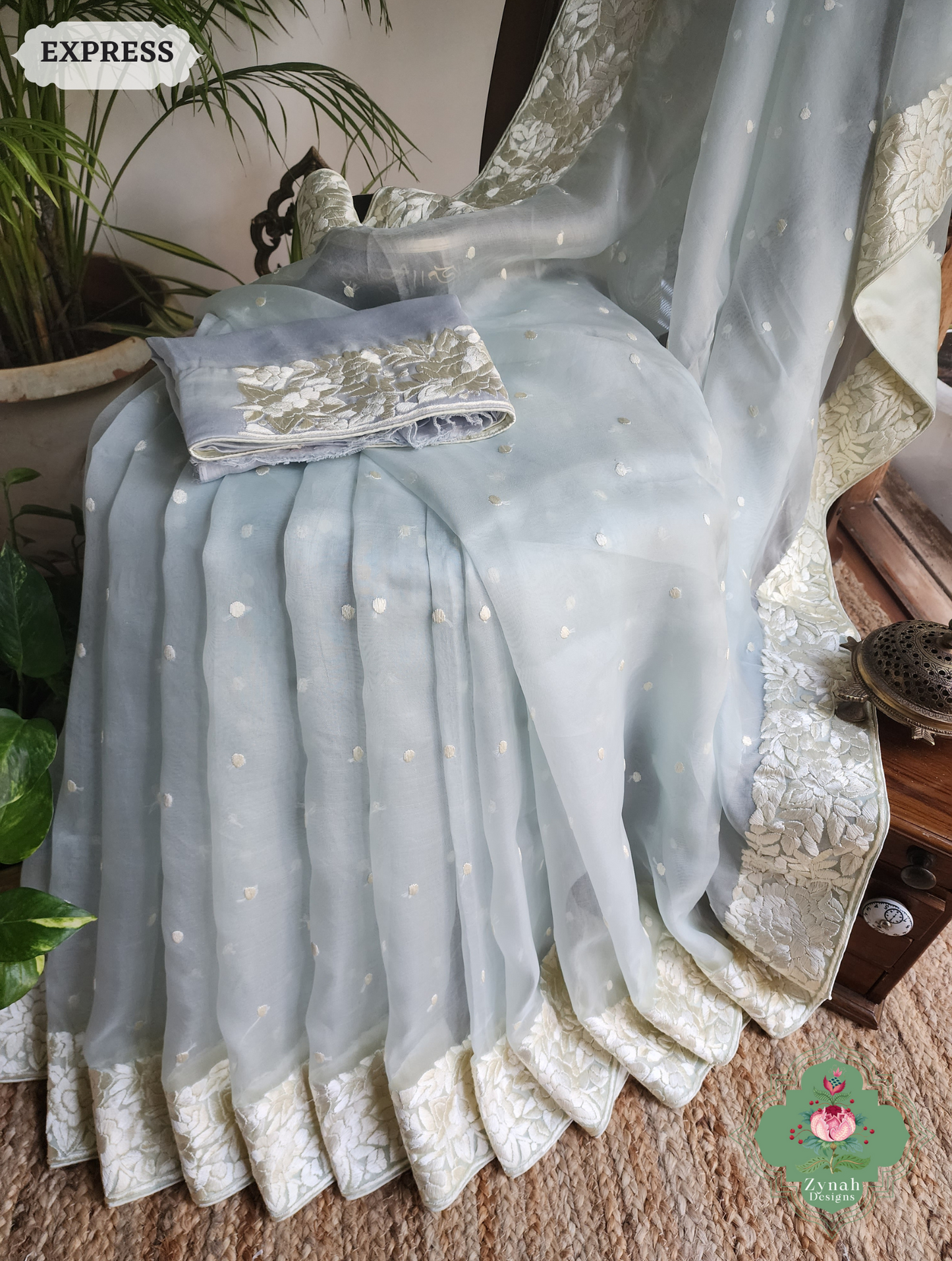 Zynah Made To Order Grey Organza Silk Hand Embroidered Parsi Gara Saree With Floral Embroidery Border; Custom Stitched/Ready-made Blouse, Fall, Petticoat; SKU: 0912202402