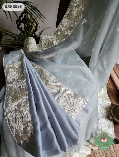 Zynah Made To Order Grey Organza Silk Hand Embroidered Parsi Gara Saree With Floral Embroidery Border; Custom Stitched/Ready-made Blouse, Fall, Petticoat; SKU: 0912202402