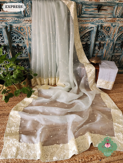 Zynah Made To Order Grey Organza Silk Hand Embroidered Parsi Gara Saree With Floral Embroidery Border; Custom Stitched/Ready-made Blouse, Fall, Petticoat; SKU: 0912202402