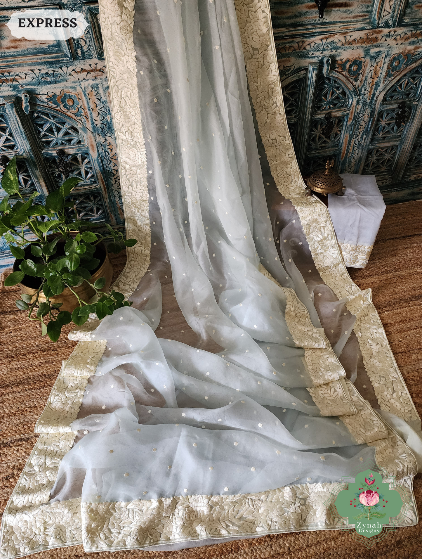 Zynah Made To Order Grey Organza Silk Hand Embroidered Parsi Gara Saree With Floral Embroidery Border; Custom Stitched/Ready-made Blouse, Fall, Petticoat; SKU: 0912202402
