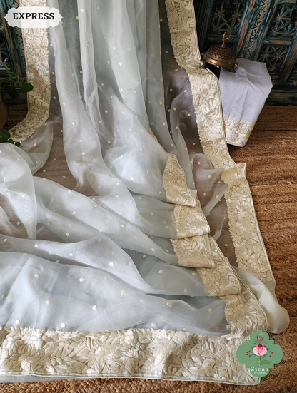 Zynah Made To Order Grey Organza Silk Hand Embroidered Parsi Gara Saree With Floral Embroidery Border; Custom Stitched/Ready-made Blouse, Fall, Petticoat; SKU: 0912202402