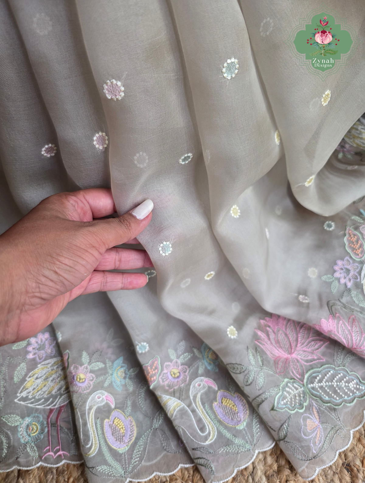 Shaam-E-Gul Grey Organza Silk Saree With Designer Crane & Floral Embroidery