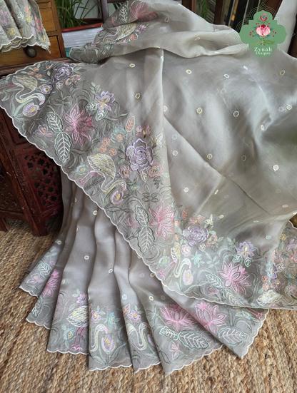 Shaam-E-Gul Grey Organza Silk Saree With Designer Crane & Floral Embroidery
