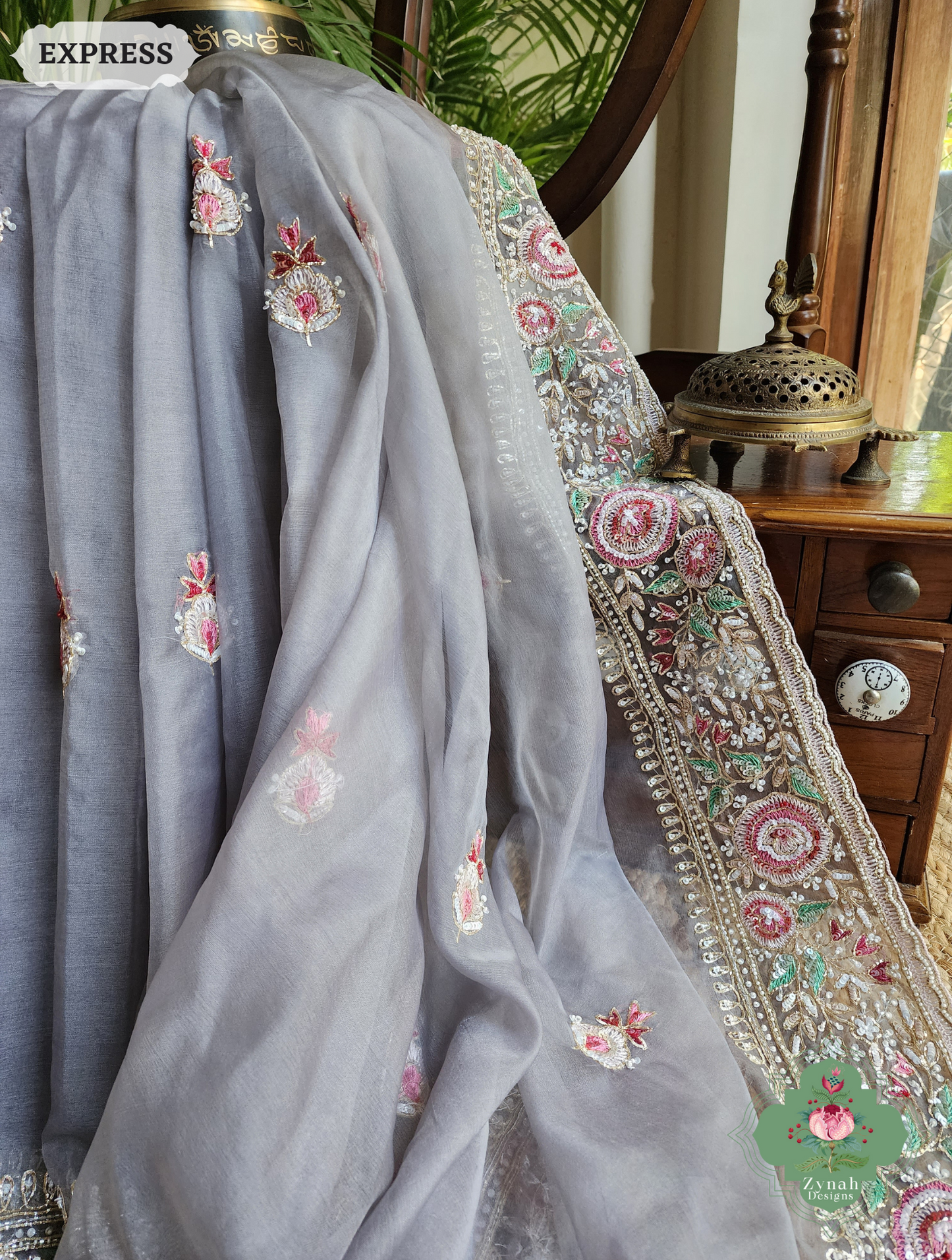 Zynah Grey Organza Silk Saree With Thread Embroidery & Hand Embellished With Sequins, Pearls & Cutdana Beads; Custom Stitched/Ready-made Blouse, Fall, Petticoat; SKU: 1203202503