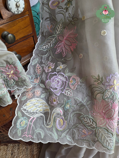 Shaam-E-Gul Grey Organza Silk Saree With Designer Crane & Floral Embroidery