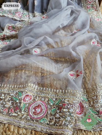 Zynah Grey Organza Silk Saree With Thread Embroidery & Hand Embellished With Sequins, Pearls & Cutdana Beads; Custom Stitched/Ready-made Blouse, Fall, Petticoat; SKU: 1203202503