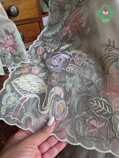 Shaam-E-Gul Grey Organza Silk Saree With Designer Crane & Floral Embroidery
