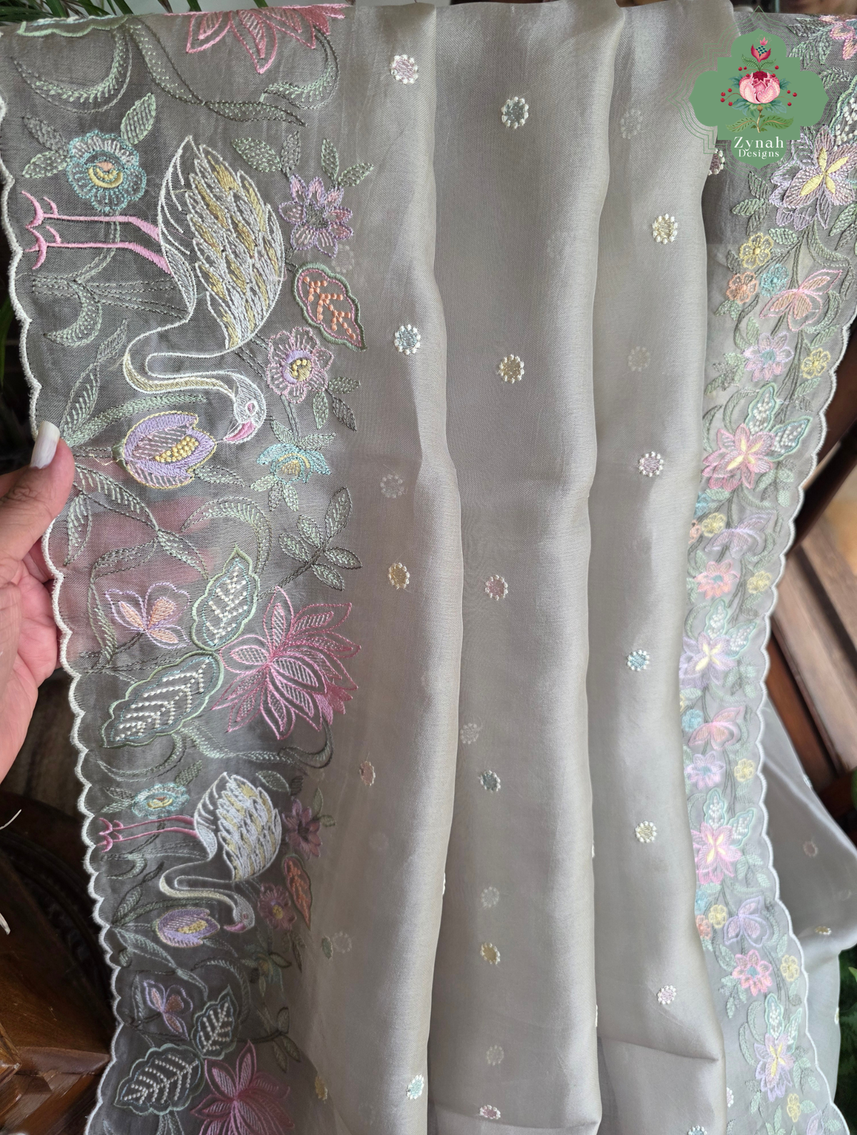 Shaam-E-Gul Grey Organza Silk Saree With Designer Crane & Floral Embroidery