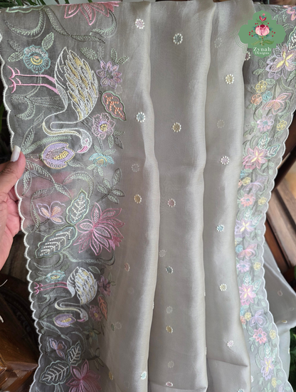 Shaam-E-Gul Grey Organza Silk Saree With Designer Crane & Floral Embroidery