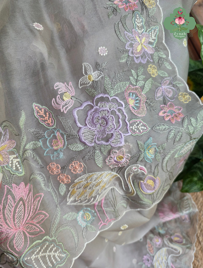 Shaam-E-Gul Grey Organza Silk Saree With Designer Crane & Floral Embroidery