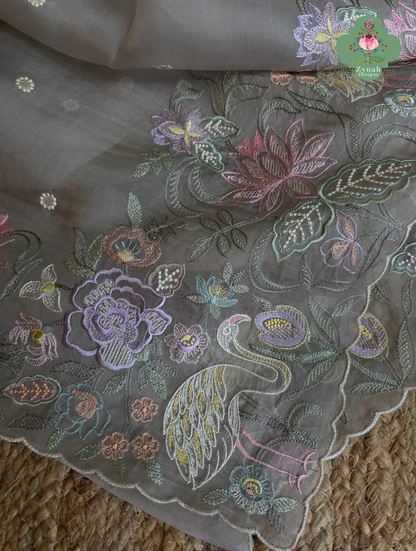 Shaam-E-Gul Grey Organza Silk Saree With Designer Crane & Floral Embroidery