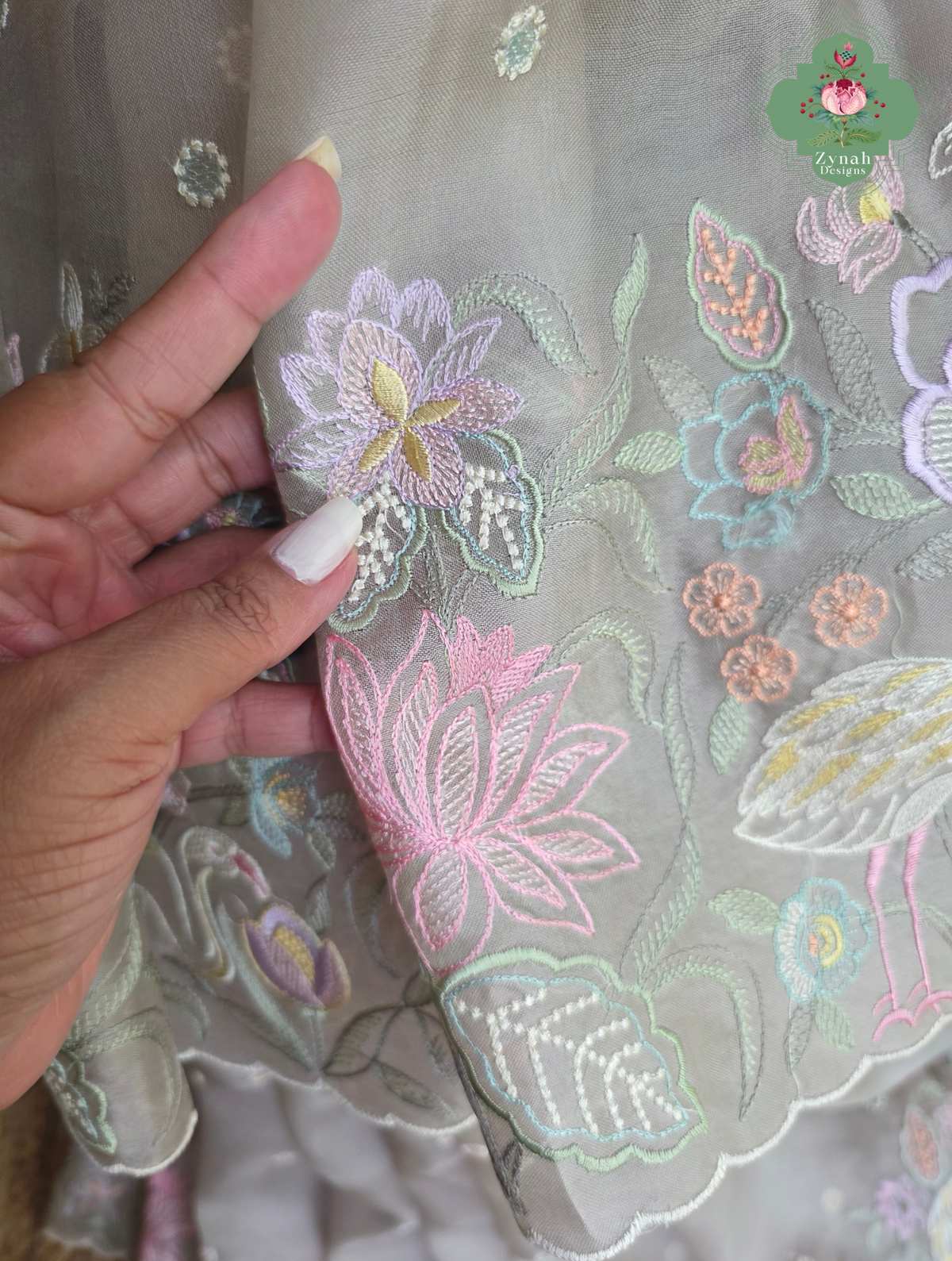 Shaam-E-Gul Grey Organza Silk Saree With Designer Crane & Floral Embroidery