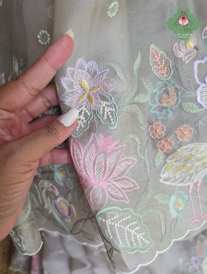 Shaam-E-Gul Grey Organza Silk Saree With Designer Crane & Floral Embroidery