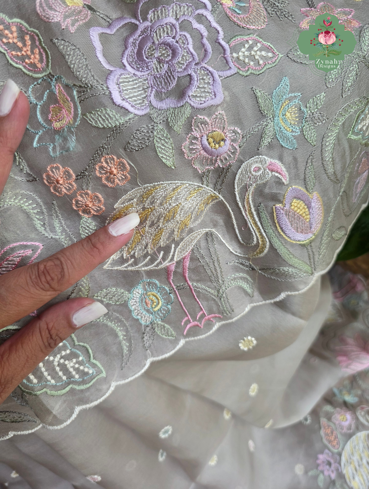 Shaam-E-Gul Grey Organza Silk Saree With Designer Crane & Floral Embroidery