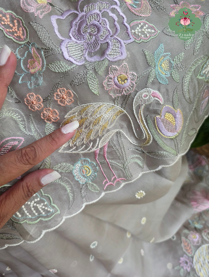 Shaam-E-Gul Grey Organza Silk Saree With Designer Crane & Floral Embroidery
