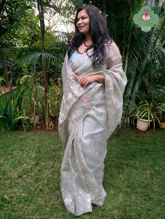 Shaam-E-Gul Grey Organza Silk Saree With Designer Crane & Floral Embroidery