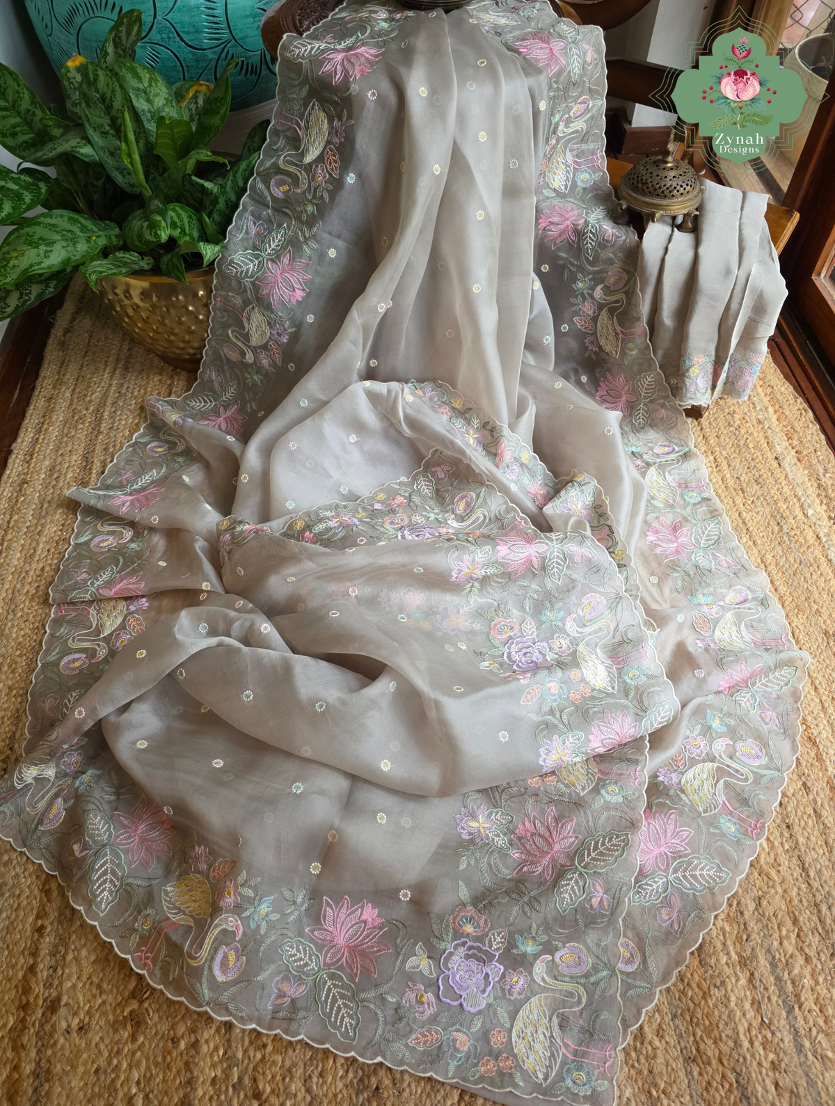 Shaam-E-Gul Grey Organza Silk Saree With Designer Crane & Floral Embroidery