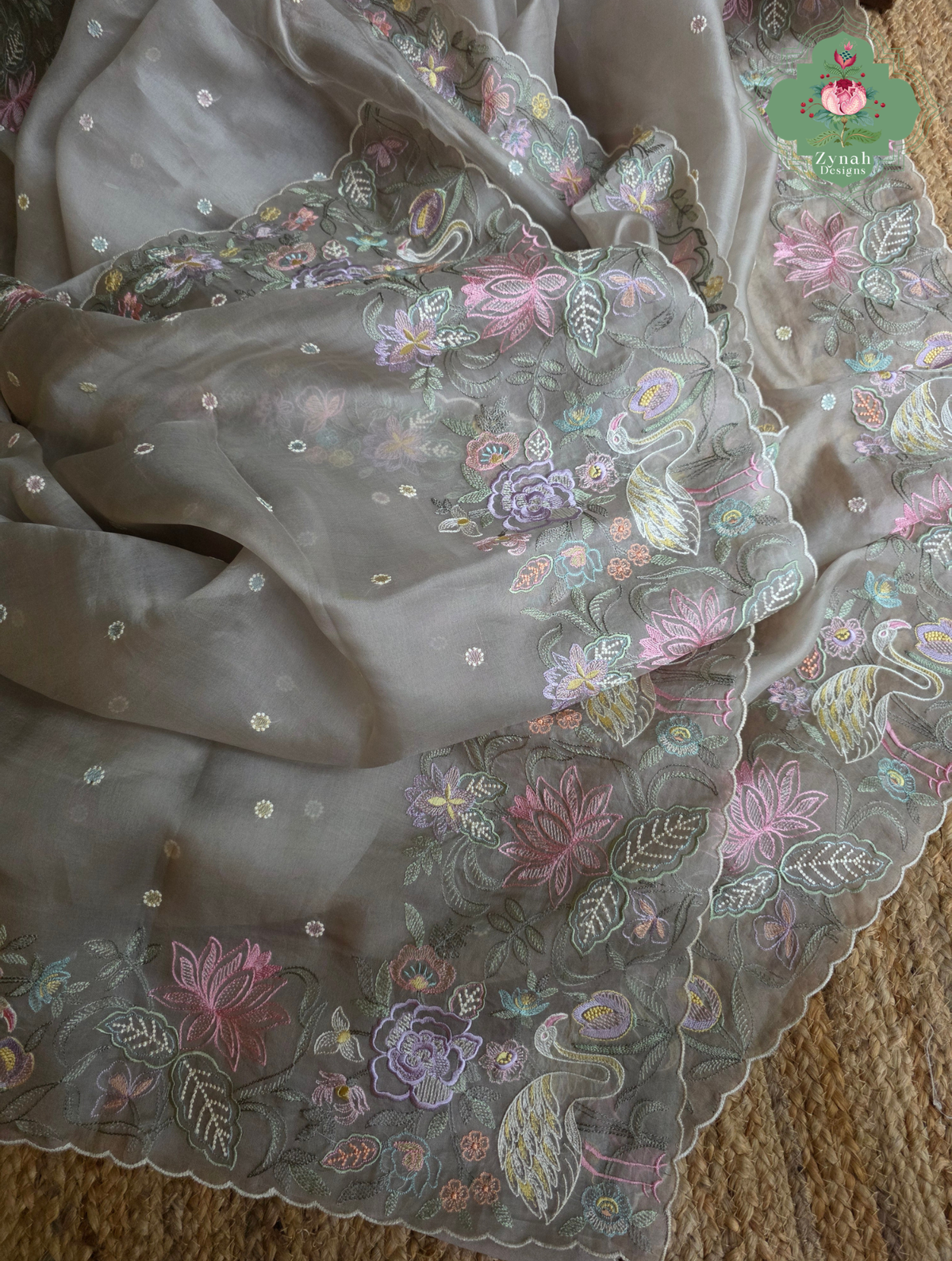 Shaam-E-Gul Grey Organza Silk Saree With Designer Crane & Floral Embroidery