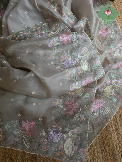 Shaam-E-Gul Grey Organza Silk Saree With Designer Crane & Floral Embroidery