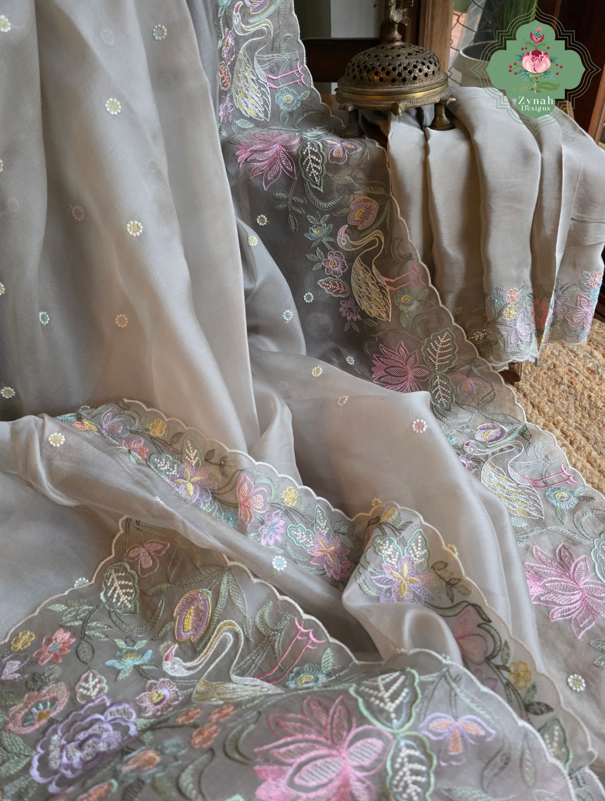 Shaam-E-Gul Grey Organza Silk Saree With Designer Crane & Floral Embroidery