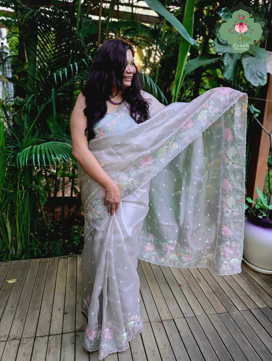 Shaam-E-Gul Grey Organza Silk Saree With Designer Crane & Floral Embroidery